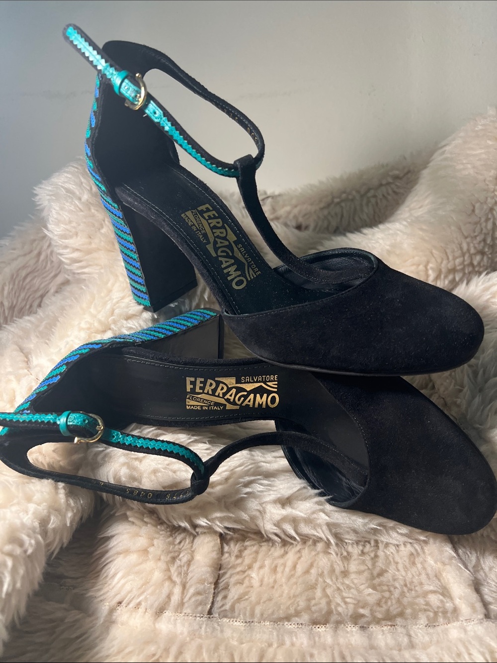 Salvatore Ferragamo Black Suede T-Strap Pumps with Turquoise Accents
